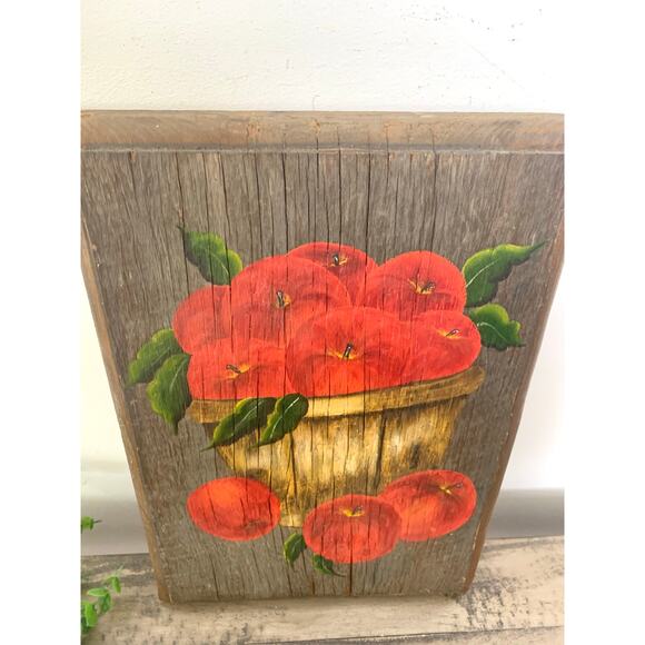 Vintage 1971 Hand-Painted Wooden Painting Apples in Basket Rustic Farmhouse Art - Picture 7 of 10